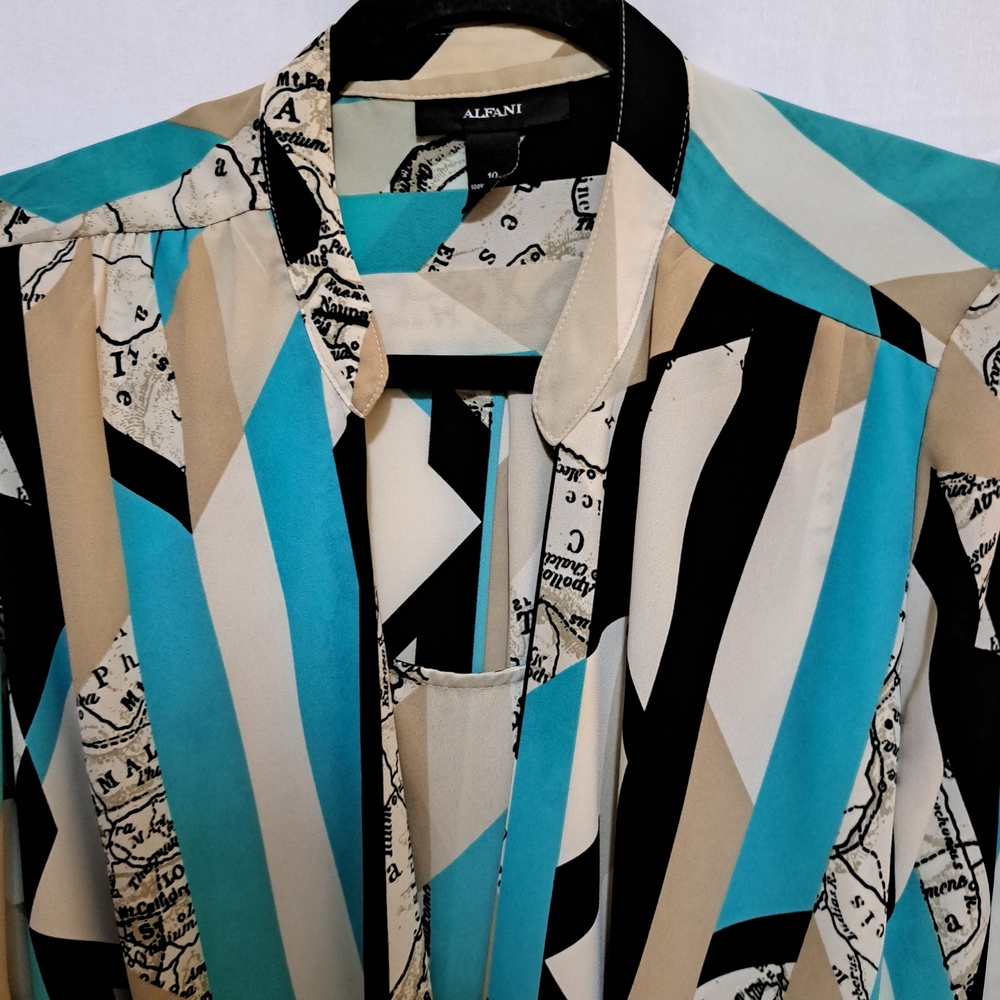 Alfani Womens Geometric Print Blouse Turquoise Black Tan Split Neck Top Sz 10 - Picture 3 of 7